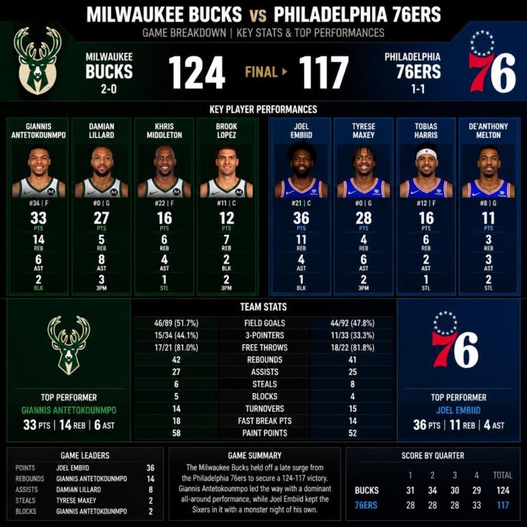 Milwaukee Bucks vs 76ers Match Player Stats