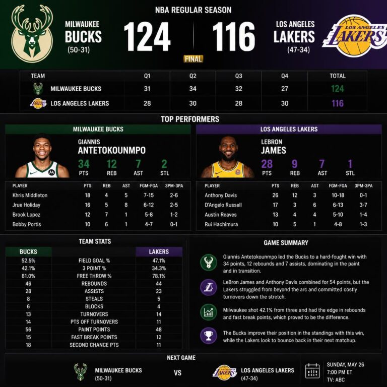 Milwaukee Bucks vs Lakers Match Player Stats