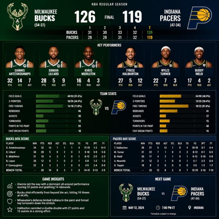 Milwaukee Bucks vs Pacers Match Player Stats